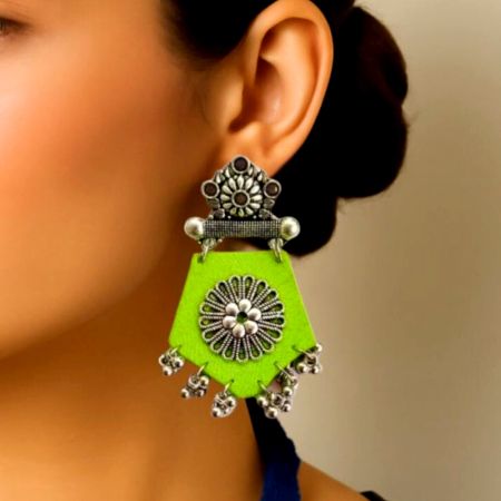 Light Green Fabric Jhumka Earrings With Silver Details